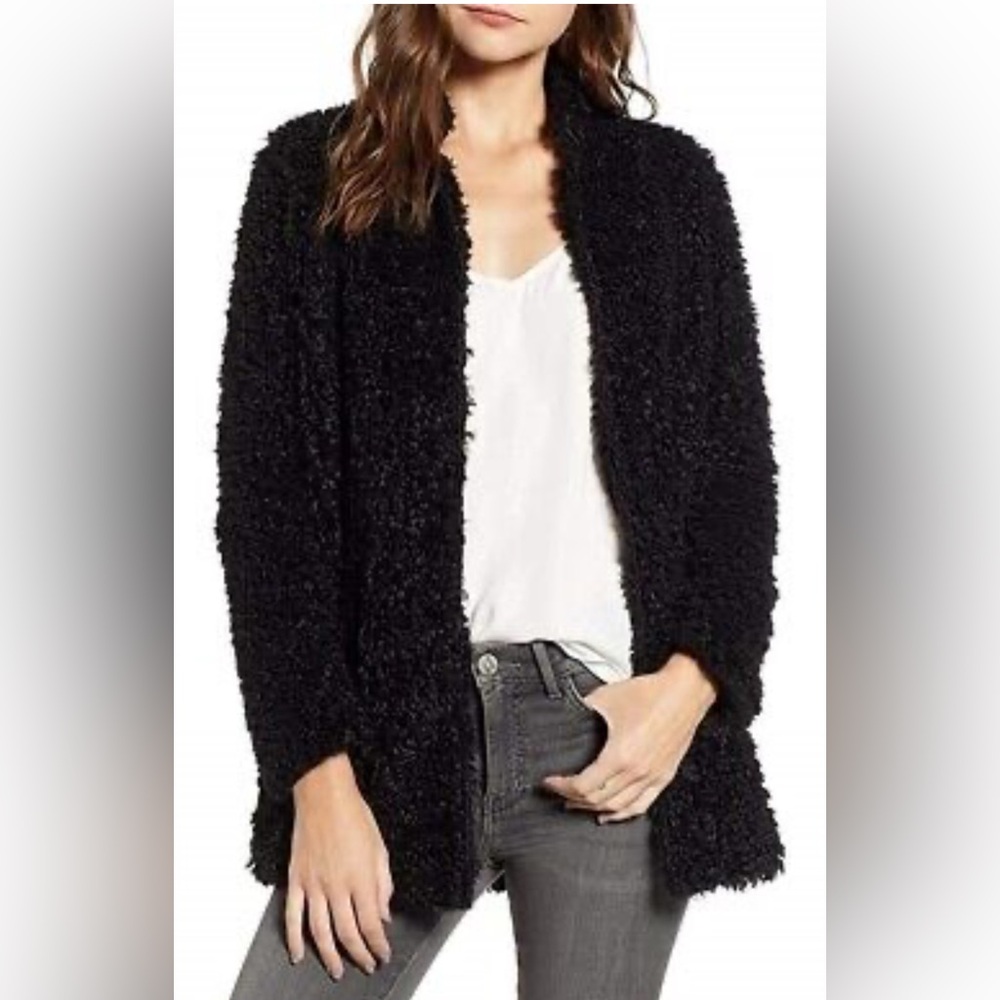bishop + young Black Faux Fur Open Front Teddy Jacket Size Medium